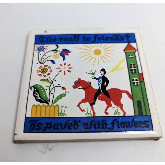 Vintage Ceramic Tile Small Trivet 3" Flowers Road to Friendship - Picture 1 of 3
